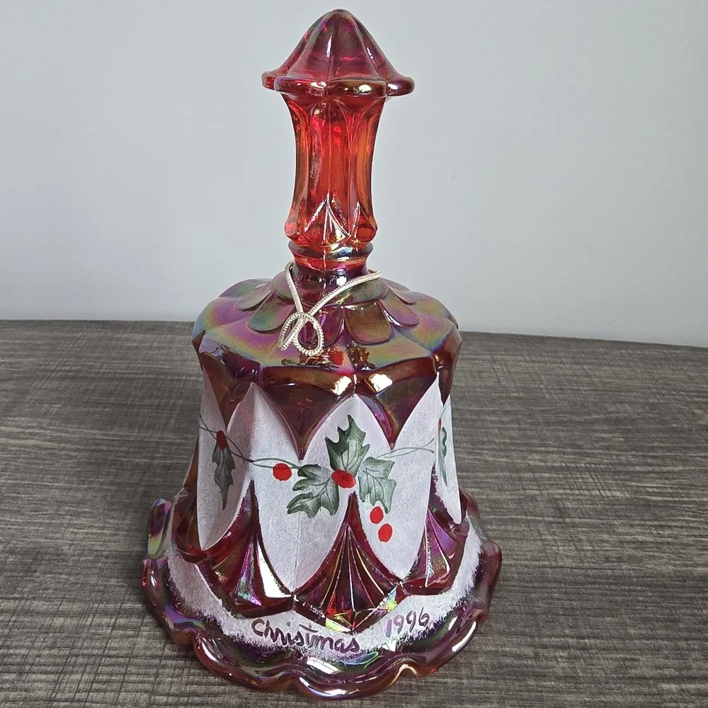 Fenton Vintage 1996 Ruby Red Carnival‎ Glass Handpainted Holiday Christmas Bell